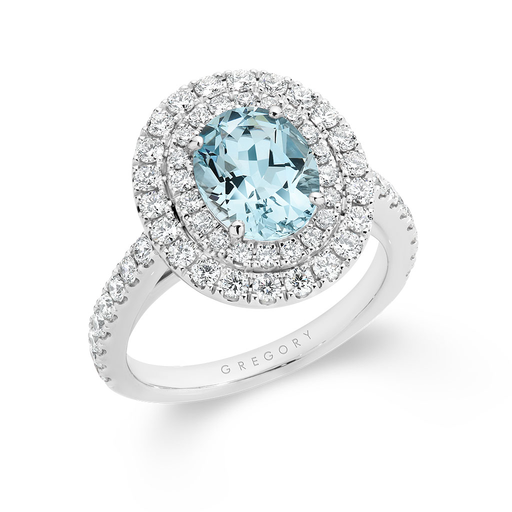 Aquamarine & Diamond Double Halo Ring - Gregory Jewellers