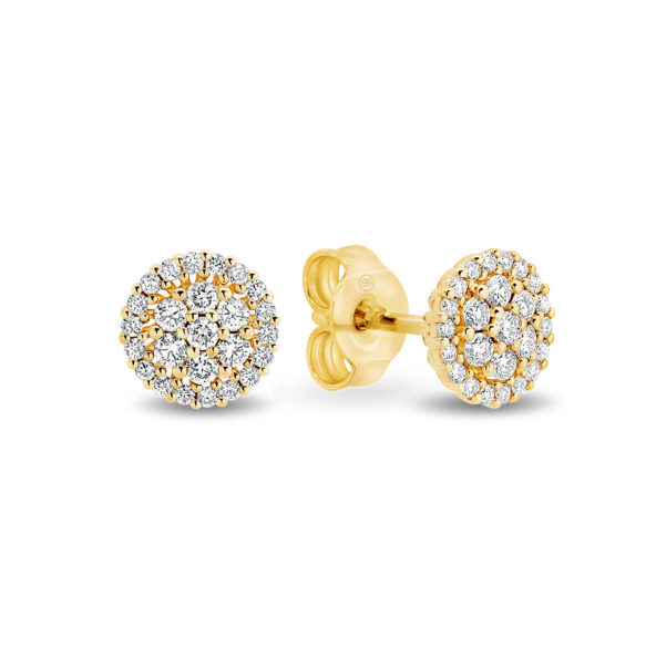 18K Yellow Gold Round Cluster Diamond Stud Earrings - Small