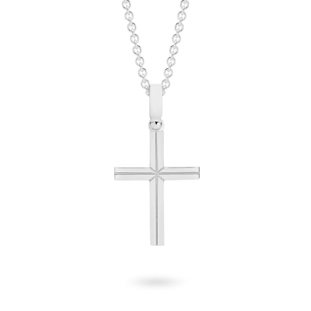 18K White Gold Engraved Half Round Cross Pendant - Gregory Jewellers