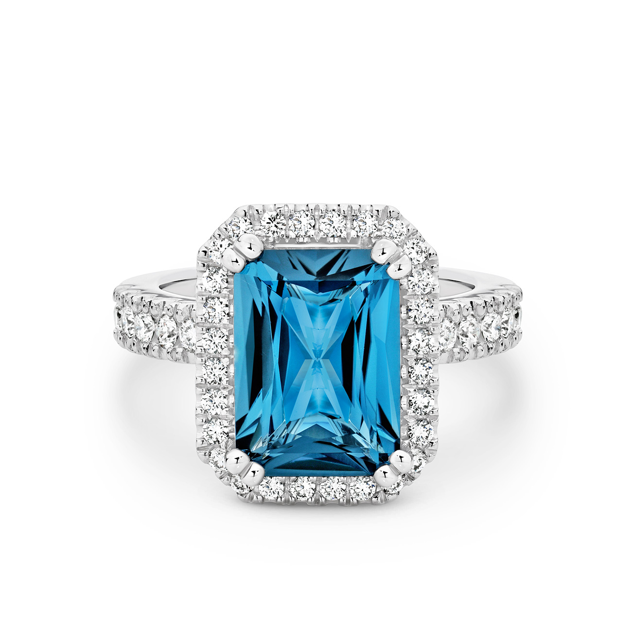 18K White Gold Tycoon 8 London Blue Topaz &#038; Diamond Halo Cocktail Ring