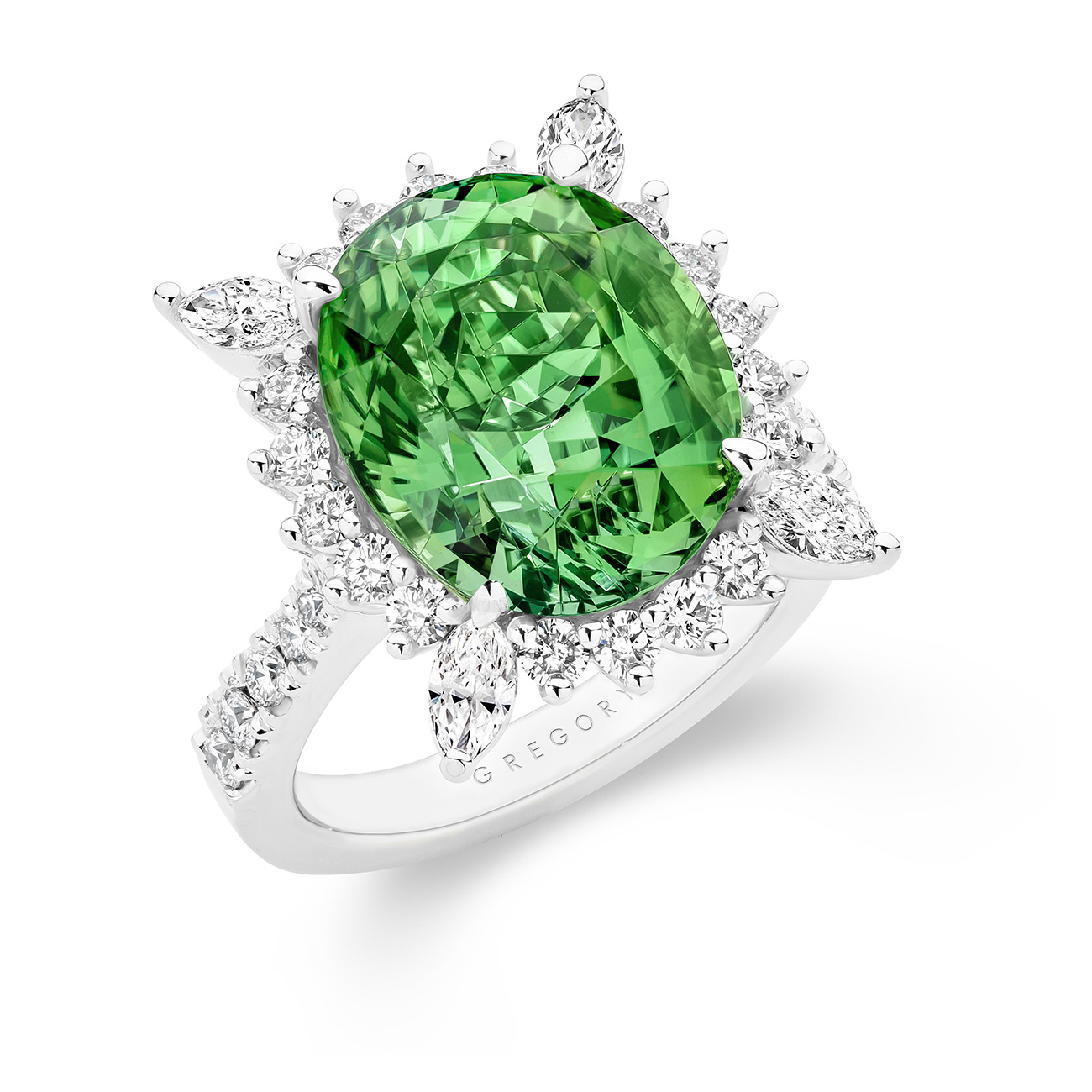 Oval Green Tourmaline &#038; Diamond Cluster Cocktail Ring In 18K White Gold