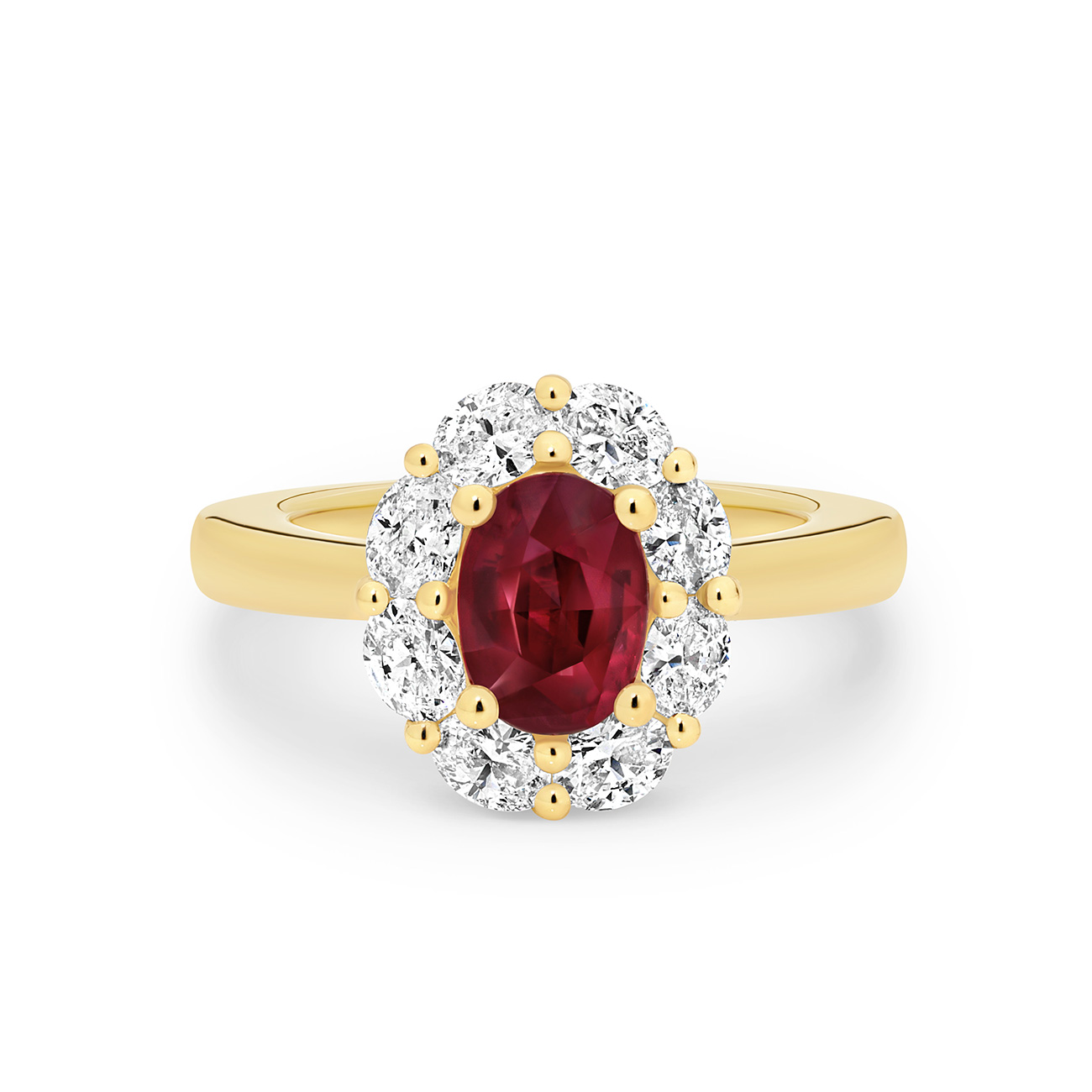 Icon Oval Ruby and Oval Diamond Cluster Ring In 18K Yellow Gold &#8211; Small