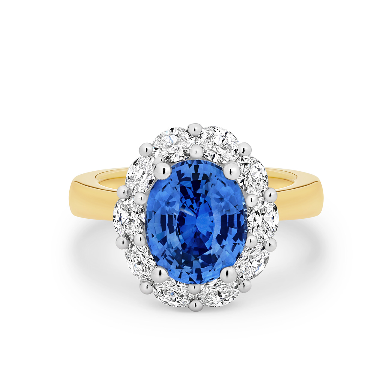 Icon Oval Sapphire and Oval Diamond Cluster Ring In 18K White & Yellow Gold - Large