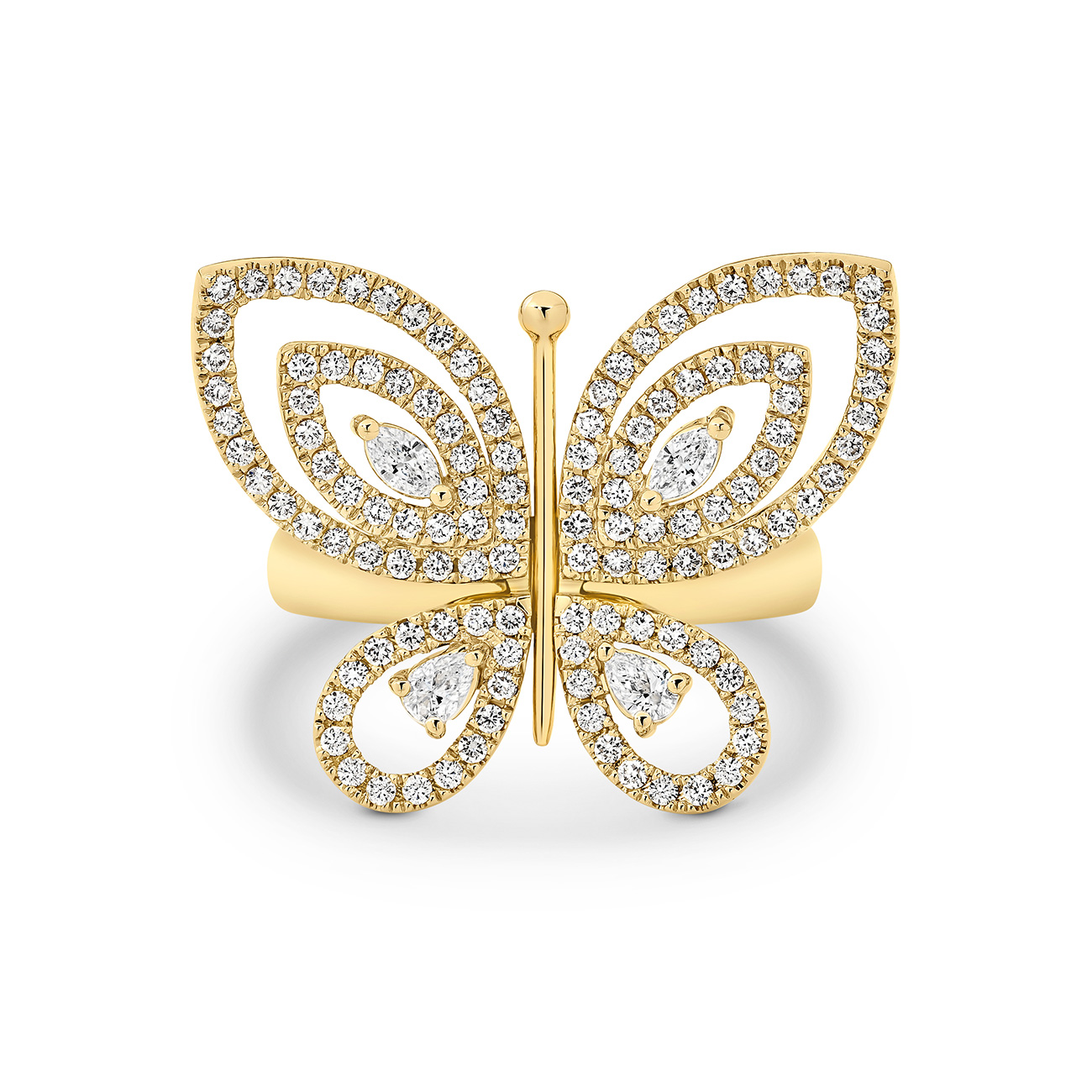 Round Brilliant Diamond Butterfly Ring In 18K Yellow Gold