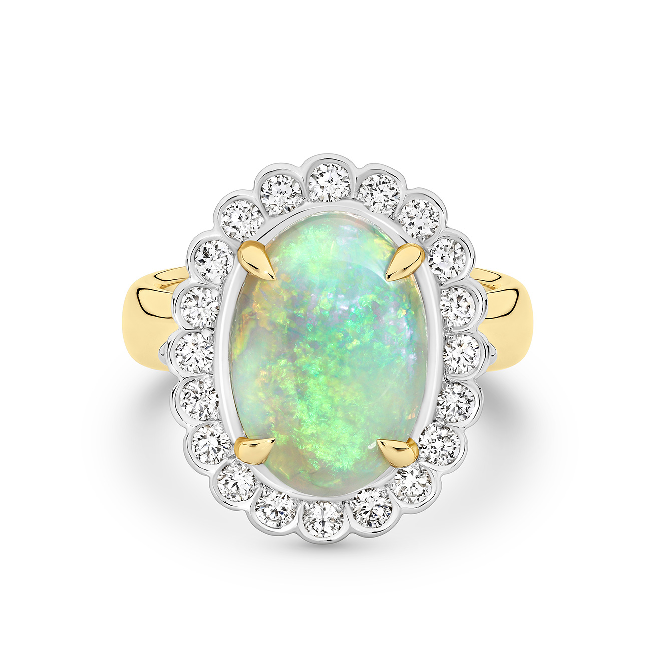 Oval Shape Opal &#038; Round Brilliant Diamond Bezel Set Cluster Ring In 18K Yellow &#038; White Gold