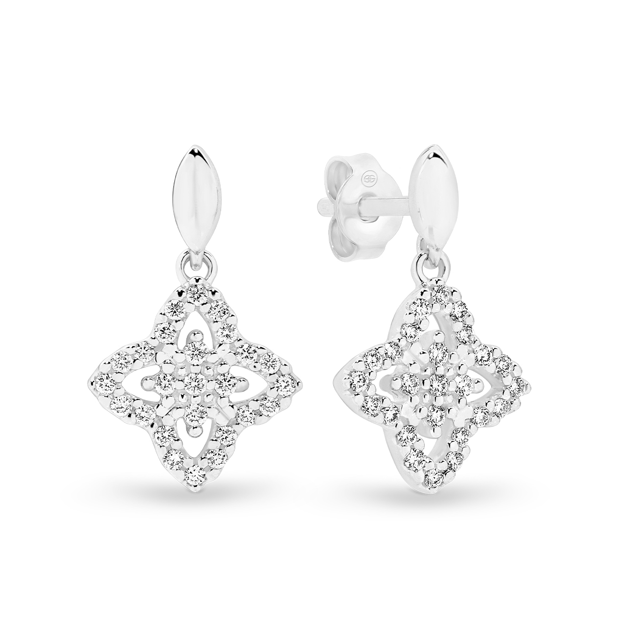 Diamond Clover Drop Earrings in 18K White Gold