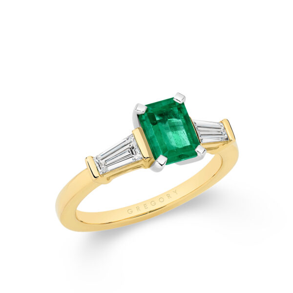 Green Emerald and Diamond Trilogy Ring In 18K Yellow Gold - A2044-YG