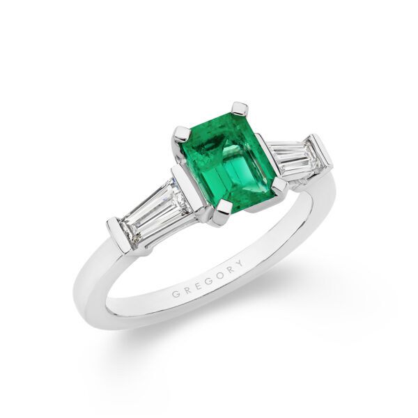 Green Emerald and Diamond Trilogy Ring In 18K White Gold A2044-WG