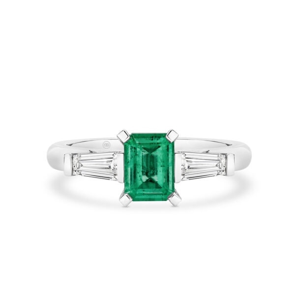 Green Emerald and Diamond Trilogy Ring In 18K White Gold - A2355