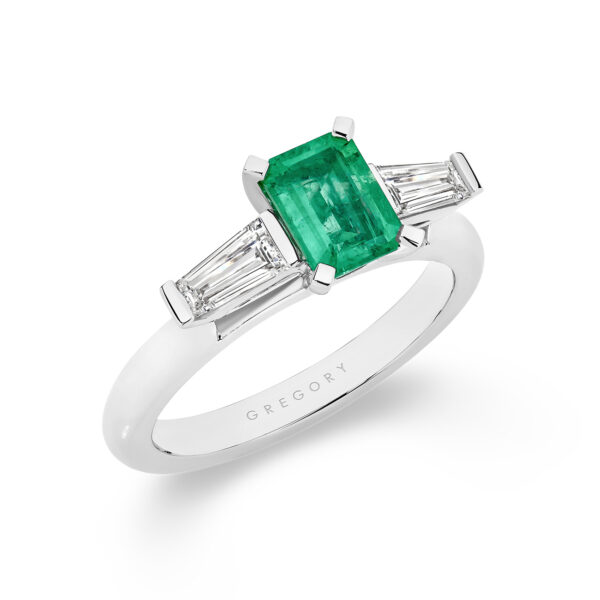 Green Emerald and Diamond Trilogy Ring In 18K White Gold - A2355