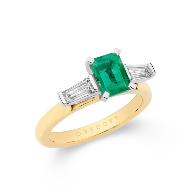 Green Emerald and Diamond Trilogy Ring In 18K Yellow Gold - A2355-YG