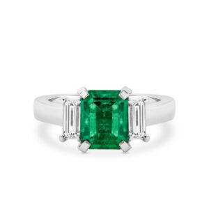 Green Emerald and Diamond Trilogy Ring In 18K White Gold E1002-WG