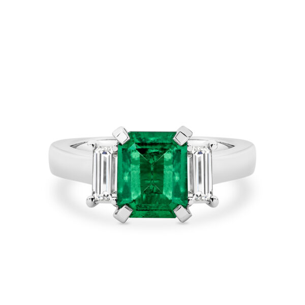 Green Emerald and Diamond Trilogy Ring In 18K White Gold E1002-WG