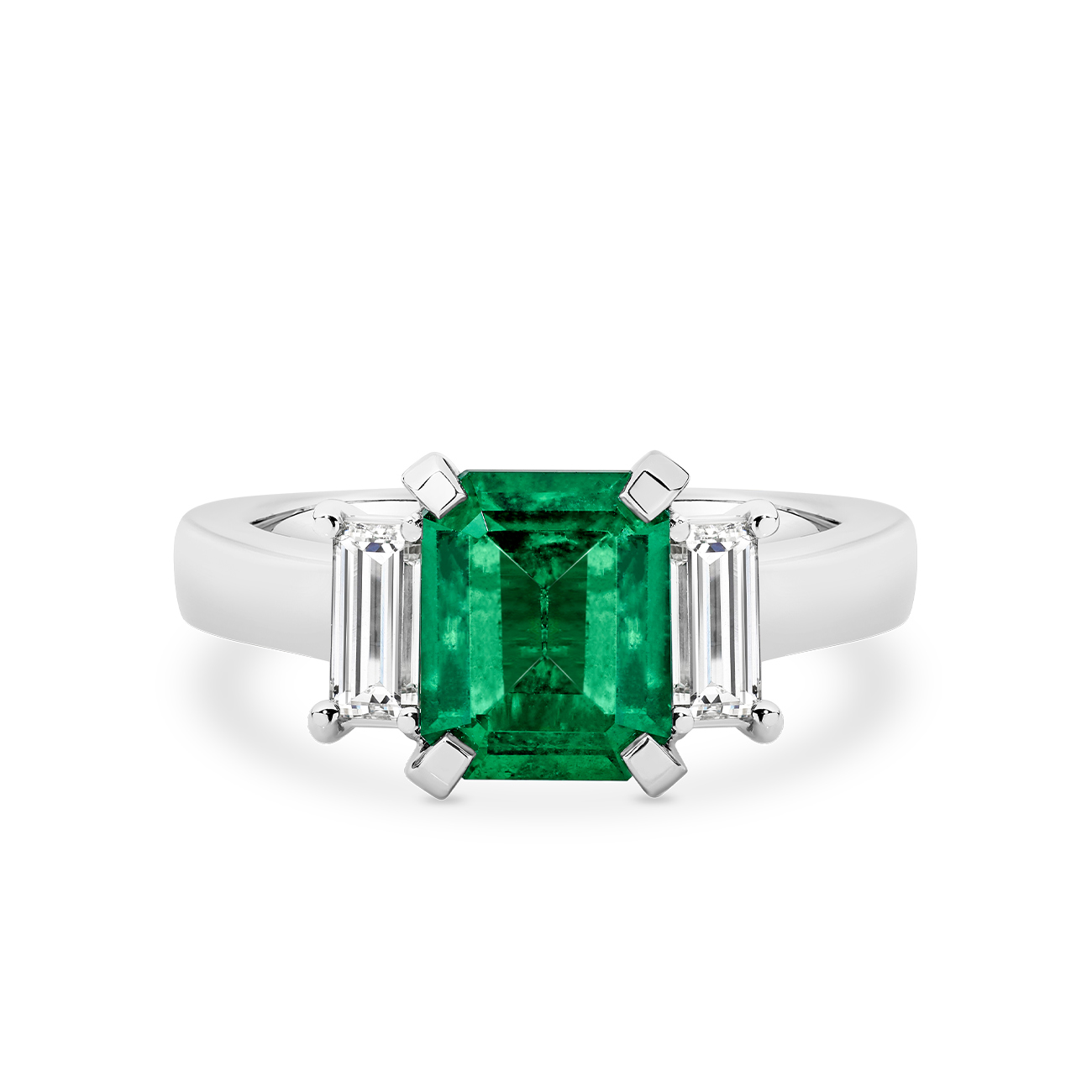 Green Emerald and Diamond Trilogy Ring In 18K White Gold