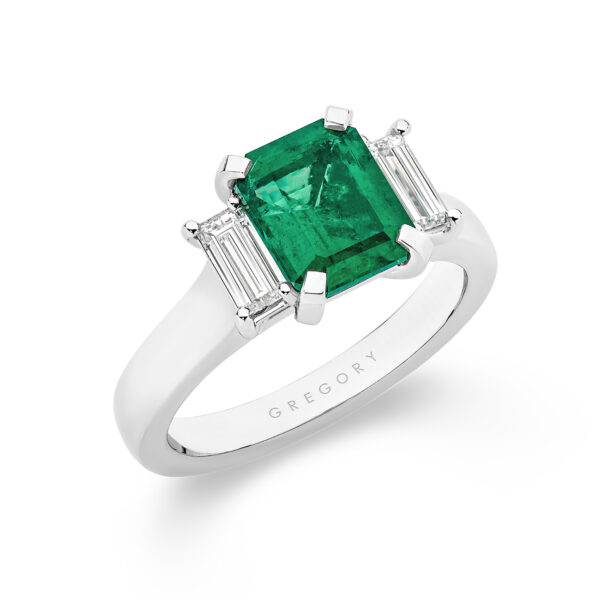 Green Emerald and Diamond Trilogy Ring In 18K White Gold E1002-WG