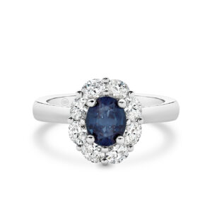 Icon Oval Blue Sapphire and Oval Diamond Cluster Ring In 18K White Gold & Yellow Gold – E1030