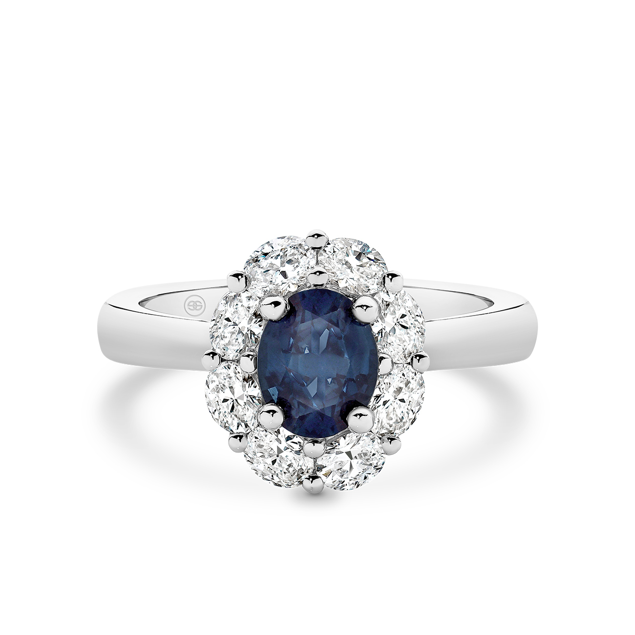 Icon Oval Blue Sapphire and Oval Diamond Cluster Ring In 18K White Gold - Small