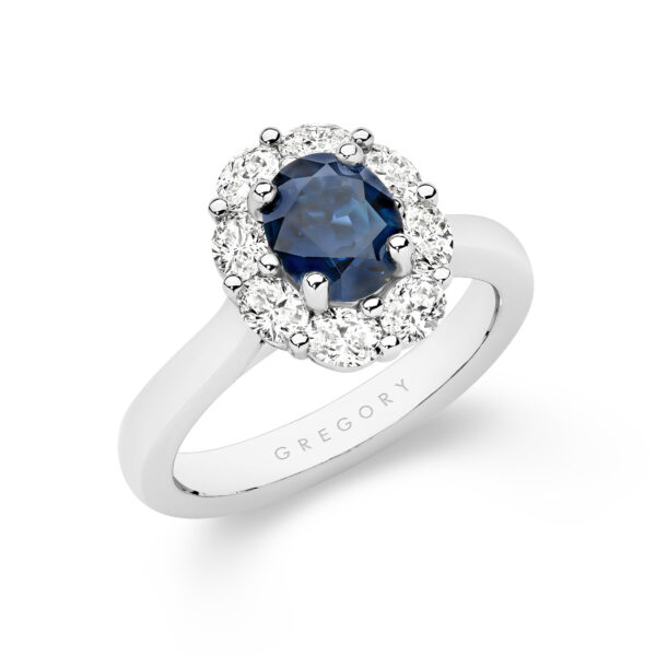 Icon Oval Blue Sapphire and Oval Diamond Cluster Ring In 18K White Gold & Yellow Gold – E1030