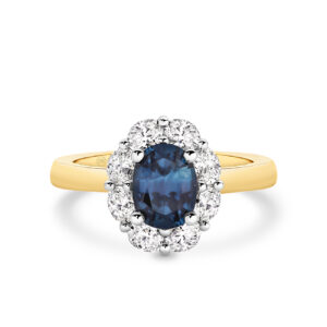 Icon Oval Blue Sapphire and Oval Diamond Cluster Ring In 18K White Gold & Yellow Gold – Small - E1030