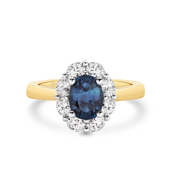 Icon Oval Blue Sapphire and Oval Diamond Cluster Ring In 18K White Gold & Yellow Gold – Small - E1030