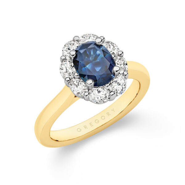 Icon Oval Blue Sapphire and Oval Diamond Cluster Ring In 18K White Gold & Yellow Gold – Small - E1030