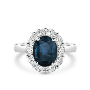 Icon Oval Blue Sapphire and Oval Diamond Cluster Ring In 18K White Gold – Large E1031