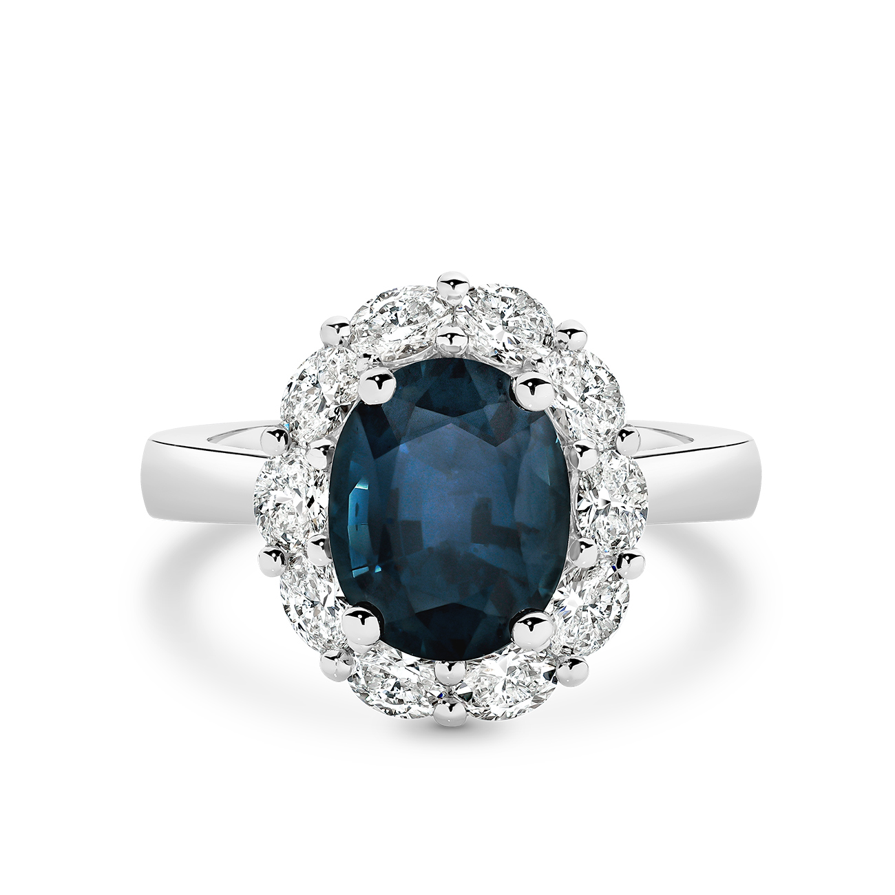 Icon Oval Blue Sapphire and Oval Diamond Cluster Ring In 18K White Gold – Large