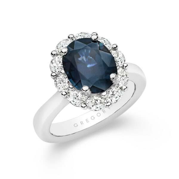 Icon Oval Blue Sapphire and Oval Diamond Cluster Ring In 18K White Gold – Large E1031