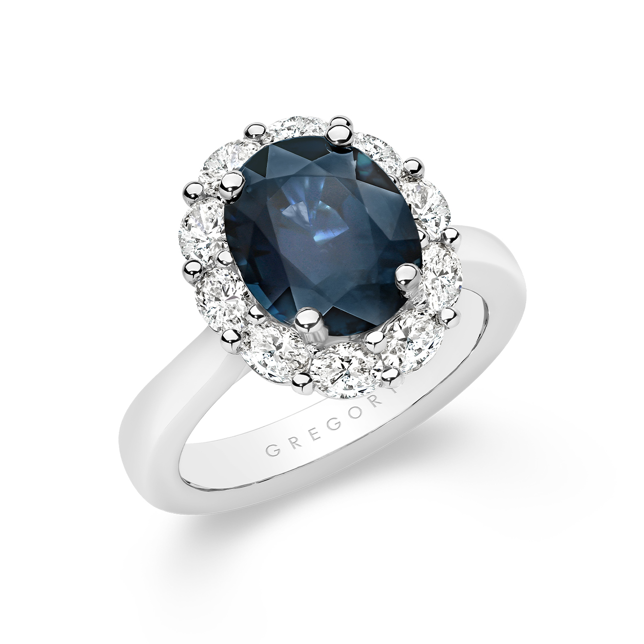 Icon Oval Blue Sapphire and Oval Diamond Cluster Ring In 18K White Gold – Large