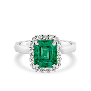 Green Emerald and Diamond Halo Ring In 18K White Gold - E1046