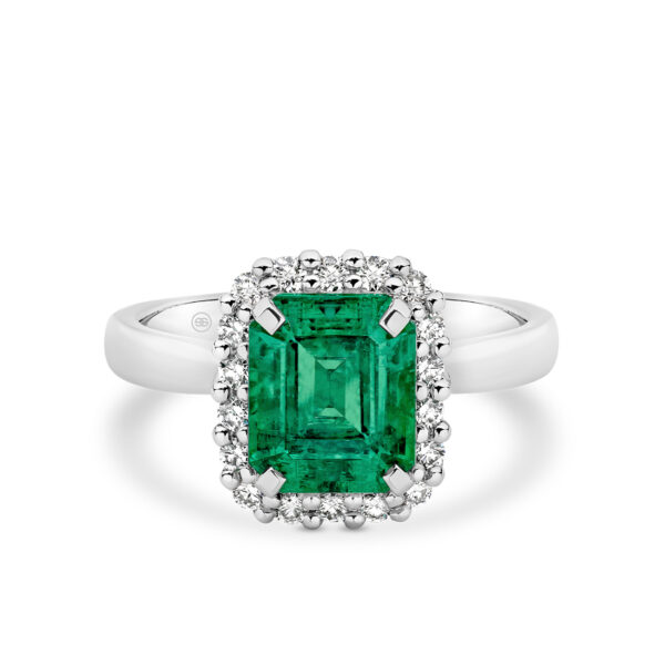 Green Emerald and Diamond Halo Ring In 18K White Gold - E1046