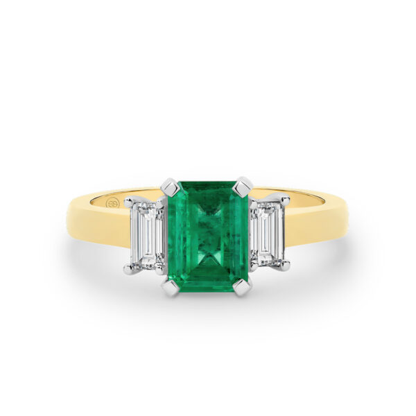 Green Emerald and Diamond Trilogy Ring In 18K Yellow Gold E999-YG