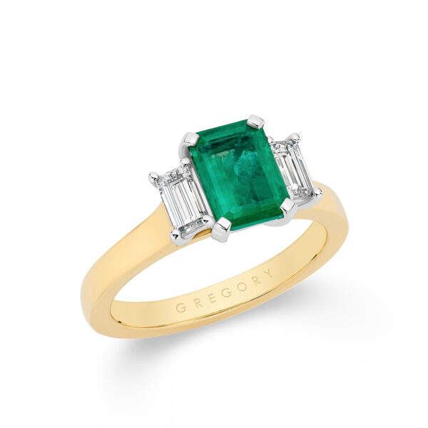 Green Emerald and Diamond Trilogy Ring In 18K Yellow Gold E999-YG