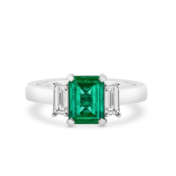 Green Emerald and Diamond Trilogy Ring In 18K White Gold - E999WG