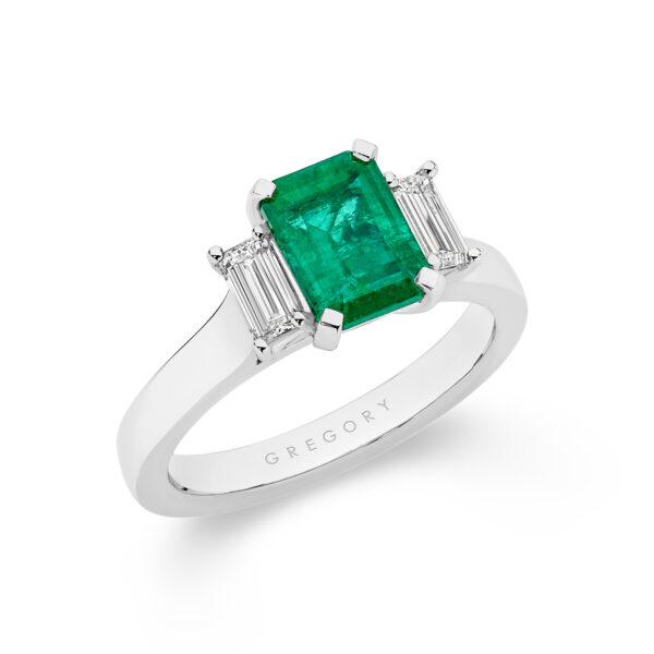 Green Emerald and Diamond Trilogy Ring In 18K White Gold - E999WG