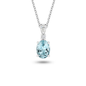 Oval Aquamarine and Diamond Drop Pendant in 18K White Gold - L677