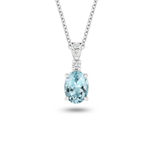 Oval Aquamarine and Diamond Drop Pendant in 18K White Gold - L677