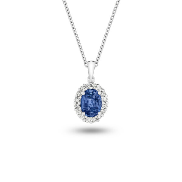 Oval Blue Sapphire and Diamond Halo Pendant in 18K White Gold - L678