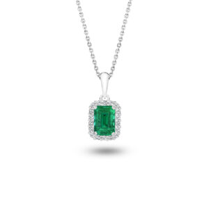 Green Emerald and Diamond Halo Pendant in 18K White Gold - L679