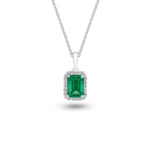 Green Emerald and Diamond Halo Pendant in 18K White Gold - L680