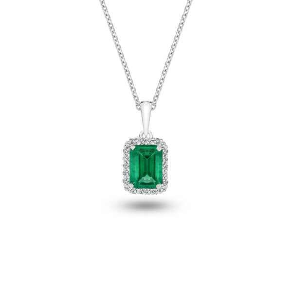 Green Emerald and Diamond Halo Pendant in 18K White Gold - L680