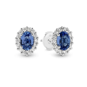 Blue Sapphire and Diamond Oval Halo Stud Earrings in 18K White Gold - N603