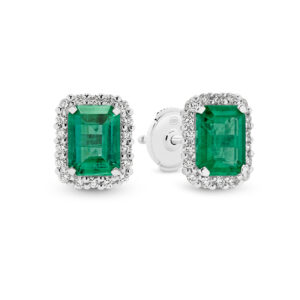 Green Emerald and Diamond Halo Stud Earrings in 18K White Gold - N606