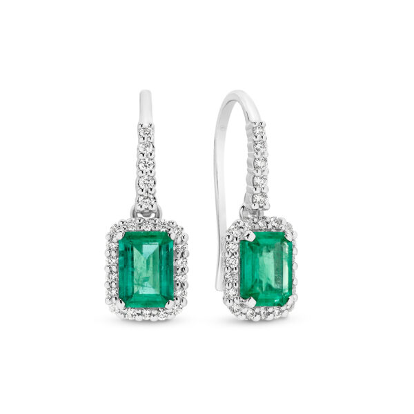 Green Emerald and Diamond Halo Drop Earrings in 18K White Gold - N607