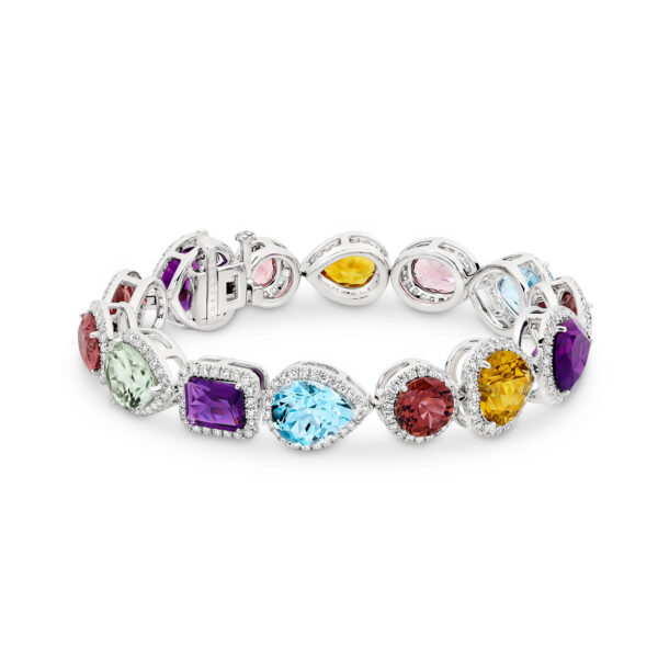 Multi-coloured Gemstone & Diamond Halo Cocktail Bracelet In 18K White Gold - TB0507-0-175936-1