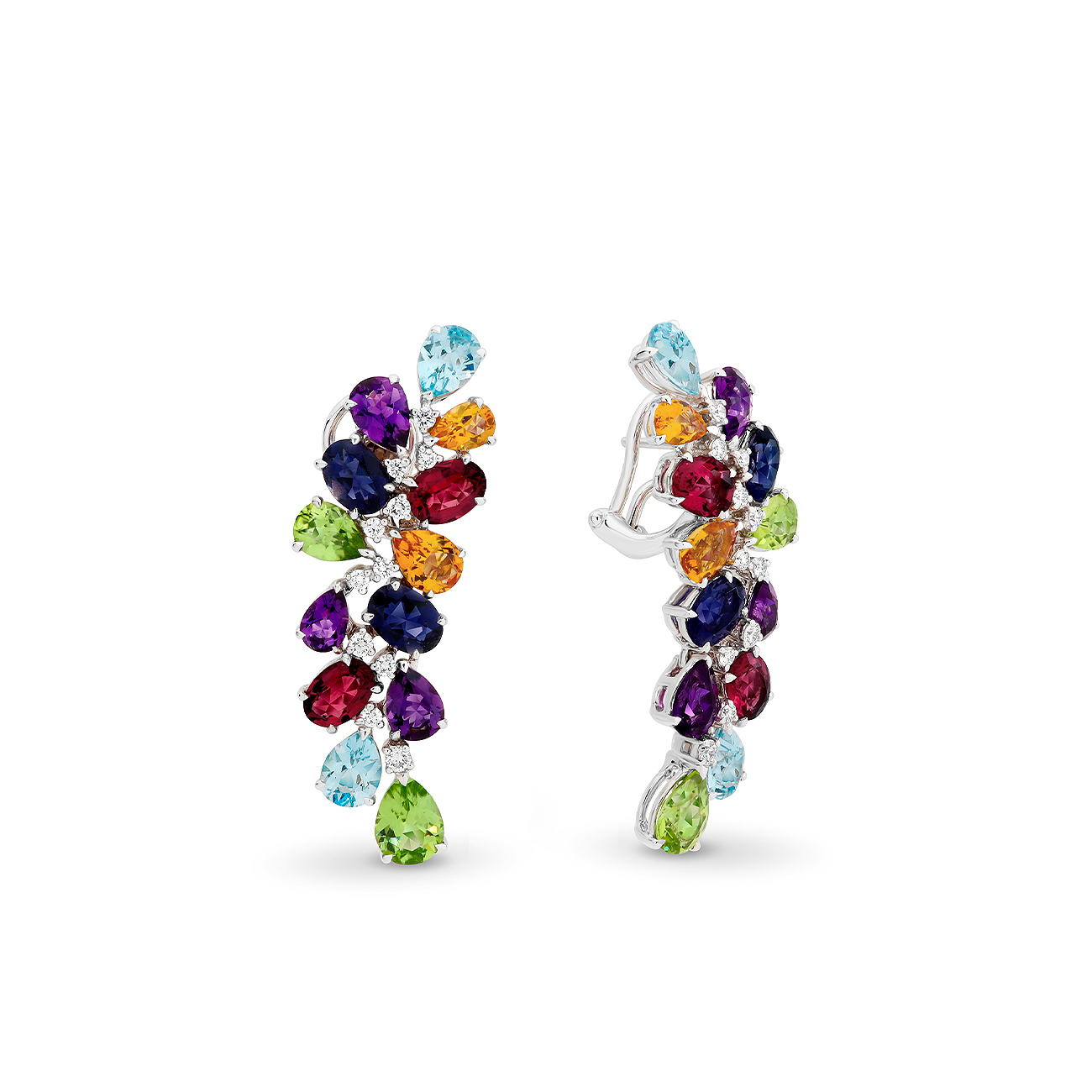 Multi-Coloured Gemstone &#038; Diamond Fancy Curved Cocktail Drop Earrings In 18K White Gold