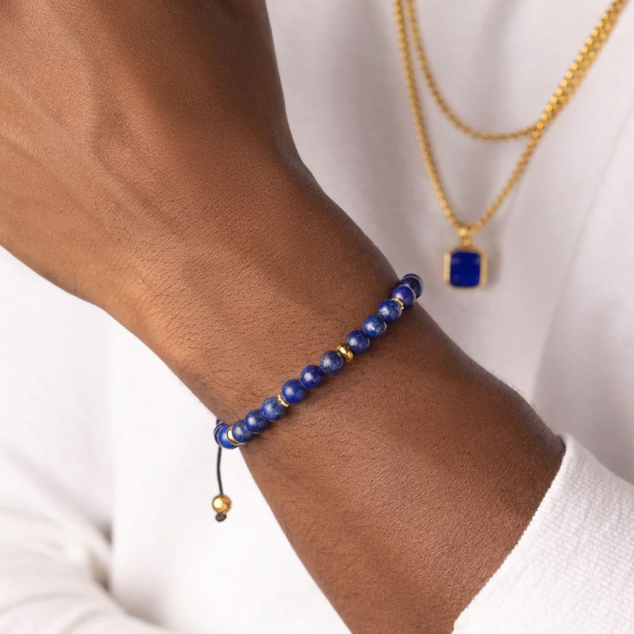 Nialaya Men&#8217;s Beaded Bracelet with Blue Lapis and Gold