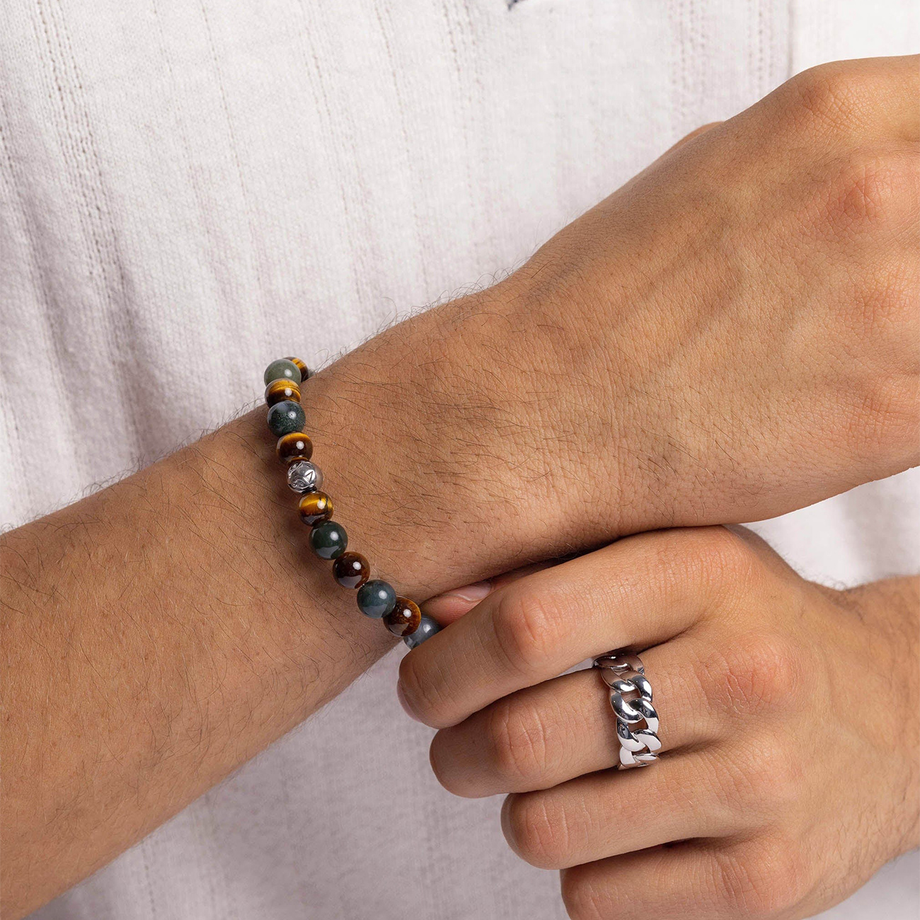 Nialaya Men&#8217;s Wristband with Aquatic Agate, Brown Tiger Eye and Silver