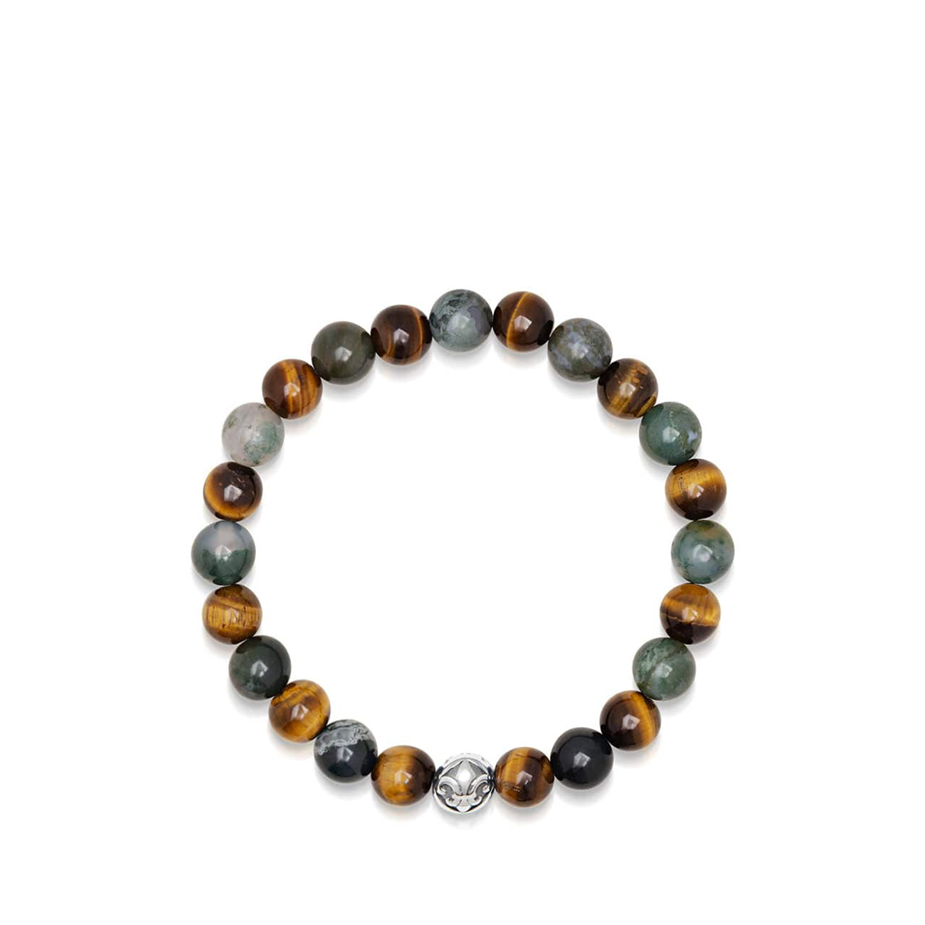 Nialaya Men&#8217;s Wristband with Aquatic Agate, Brown Tiger Eye and Silver