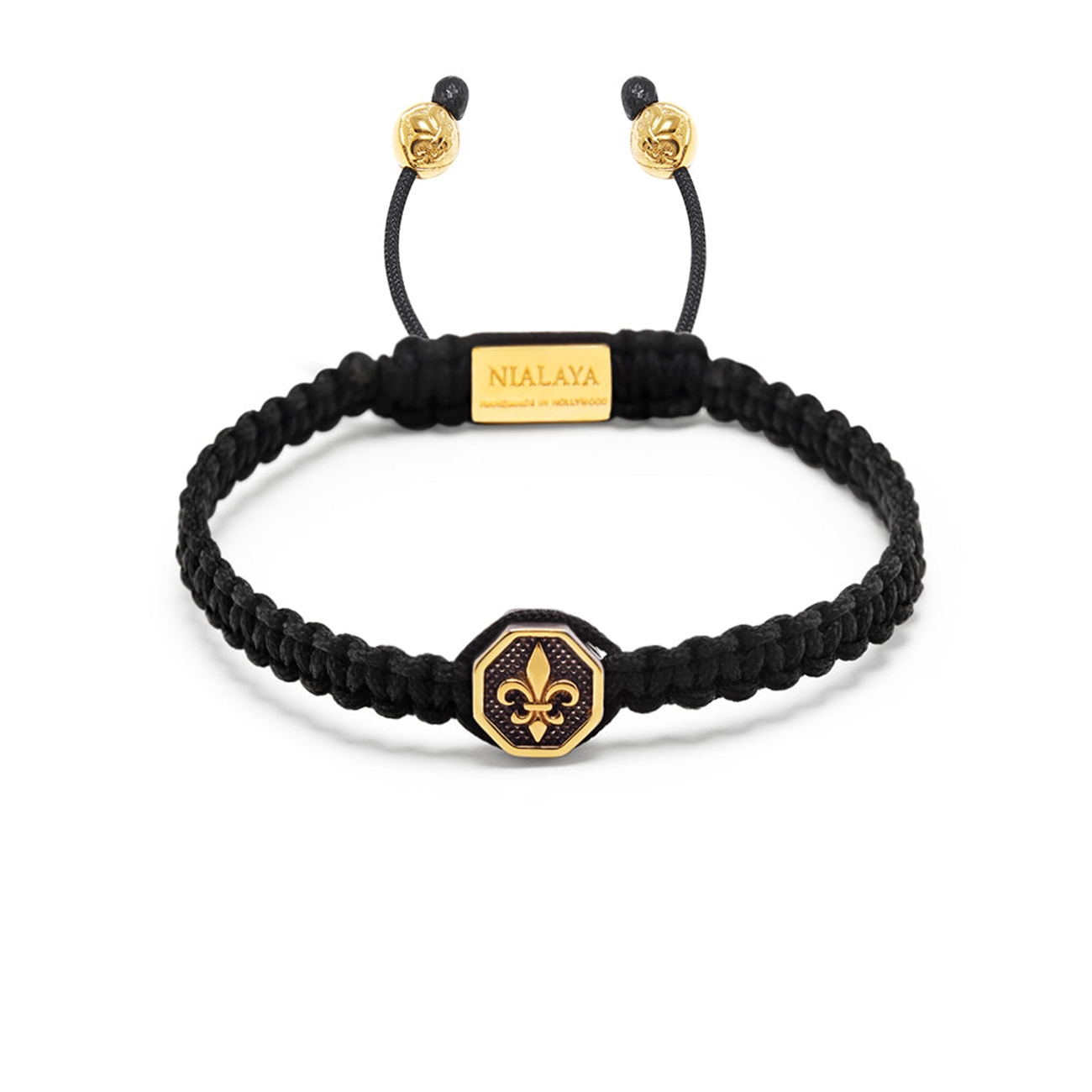 Nialaya Men&#8217;s Black String Bracelet with Vintage Gold Fleur De Lis Charm